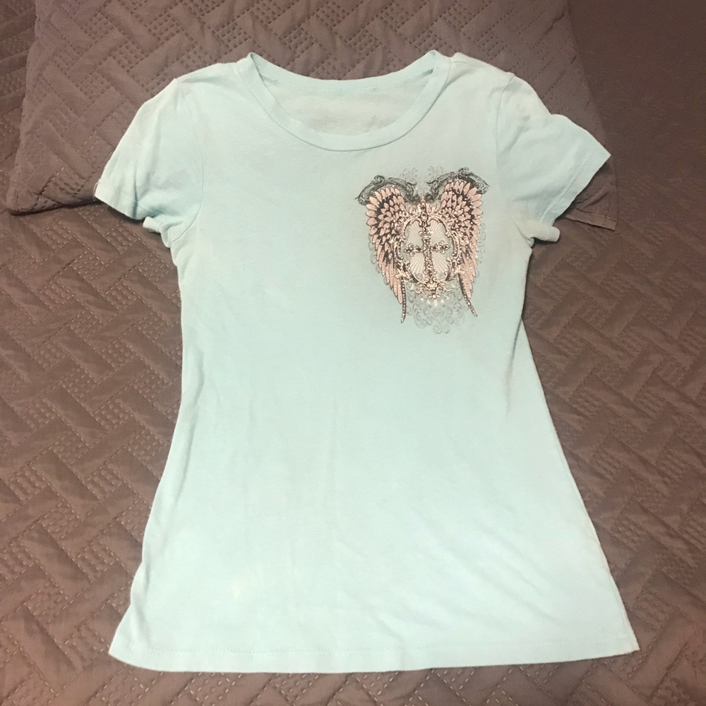 Tiffany blue affliction style winged small shirt.